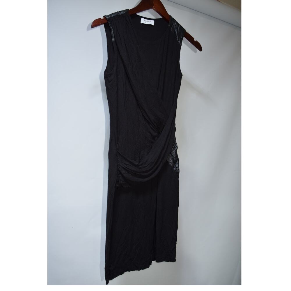 Bailey 44 Women’s Small Black Draped Midi Dress Faux Leather Shoulder Detail